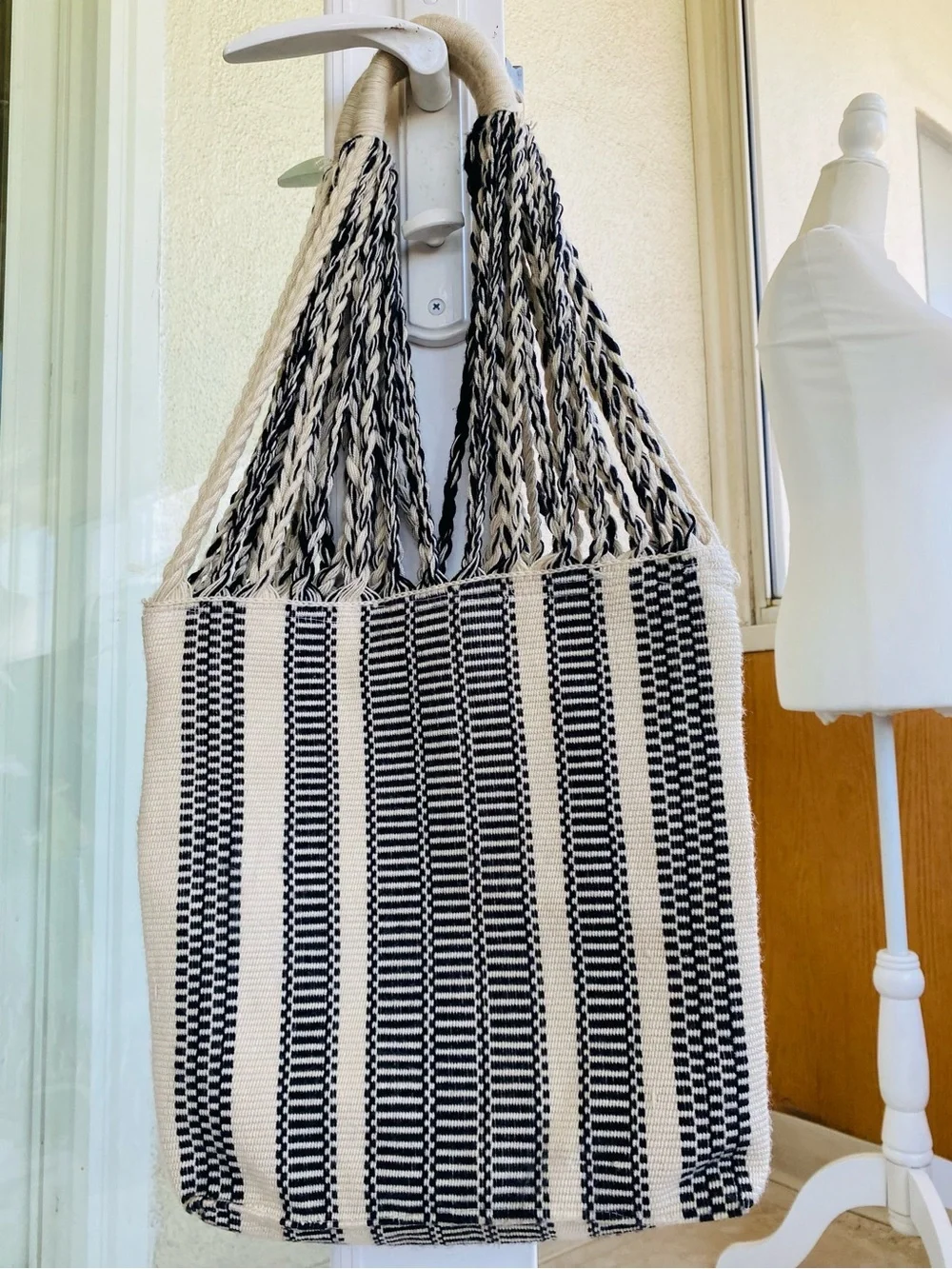 Handwoven Black & Ivory Boho Tote Bag Braided Handles Large Zip Tote